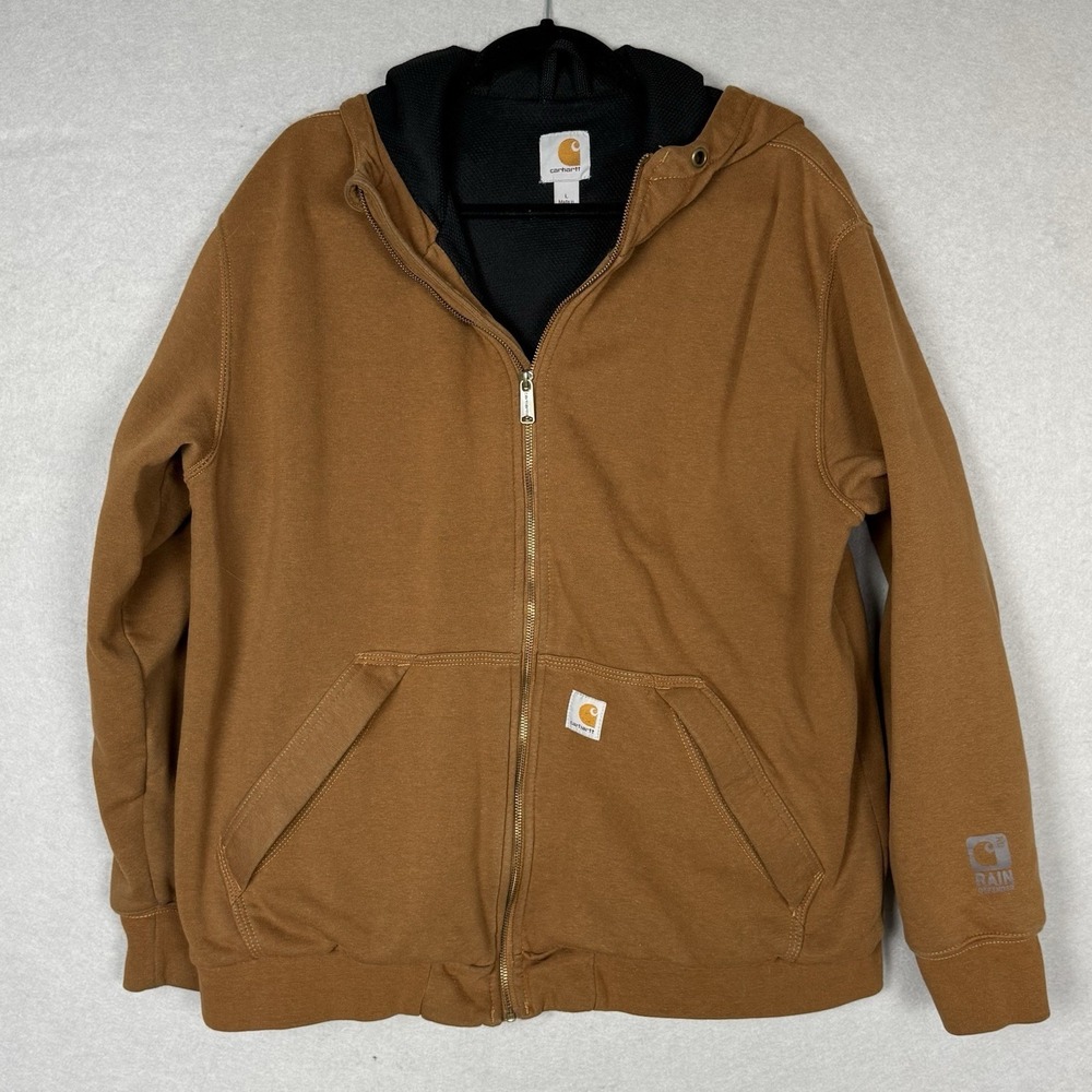 Carhartt Men's L Regular Rain Defender Hooded Zip Up Sweatshirt Tan Workwear - Picture 1 of 9